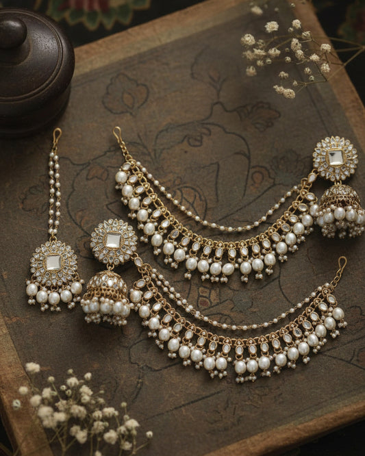 Sunvi Light Gold Plated Pearls Beaded Layered Pearl Ear Chain