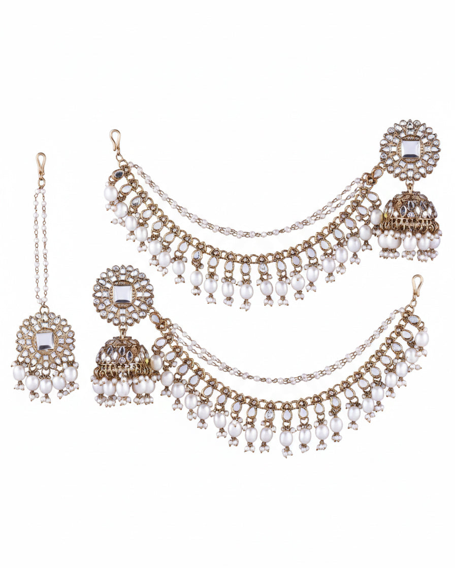 Sunvi Light Gold Plated Pearls Beaded Layered Pearl Ear Chain