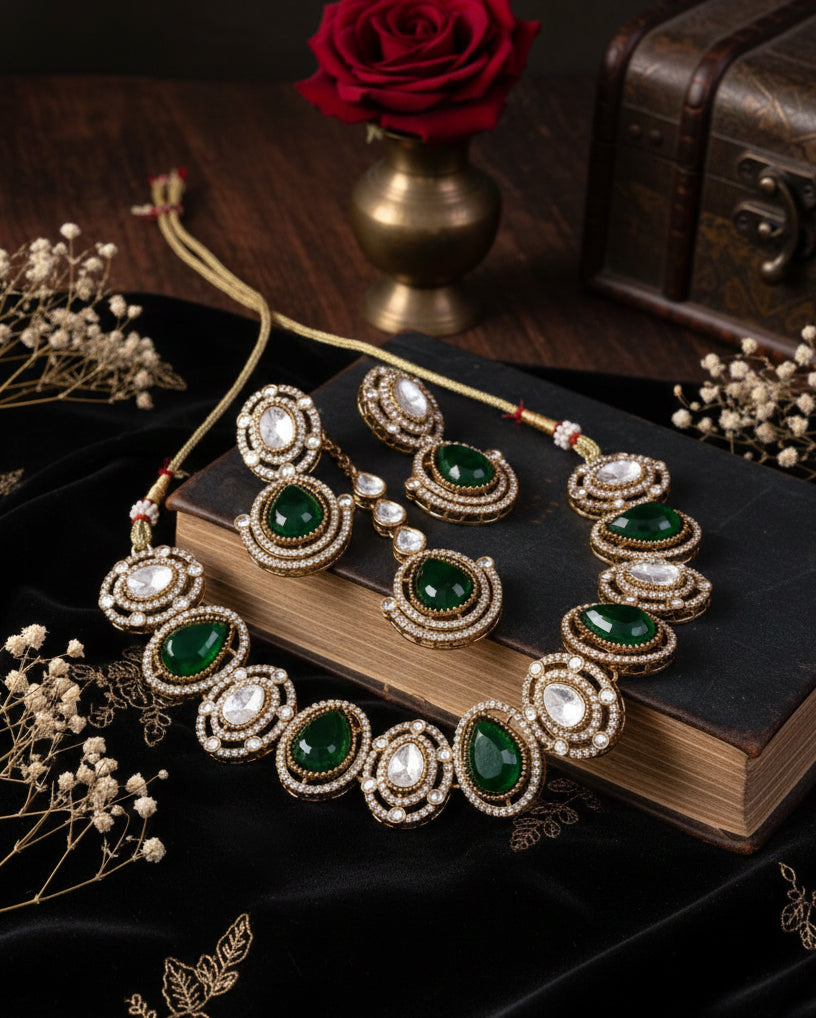 Emerald Nirav Polki Dupe Jewellery Set