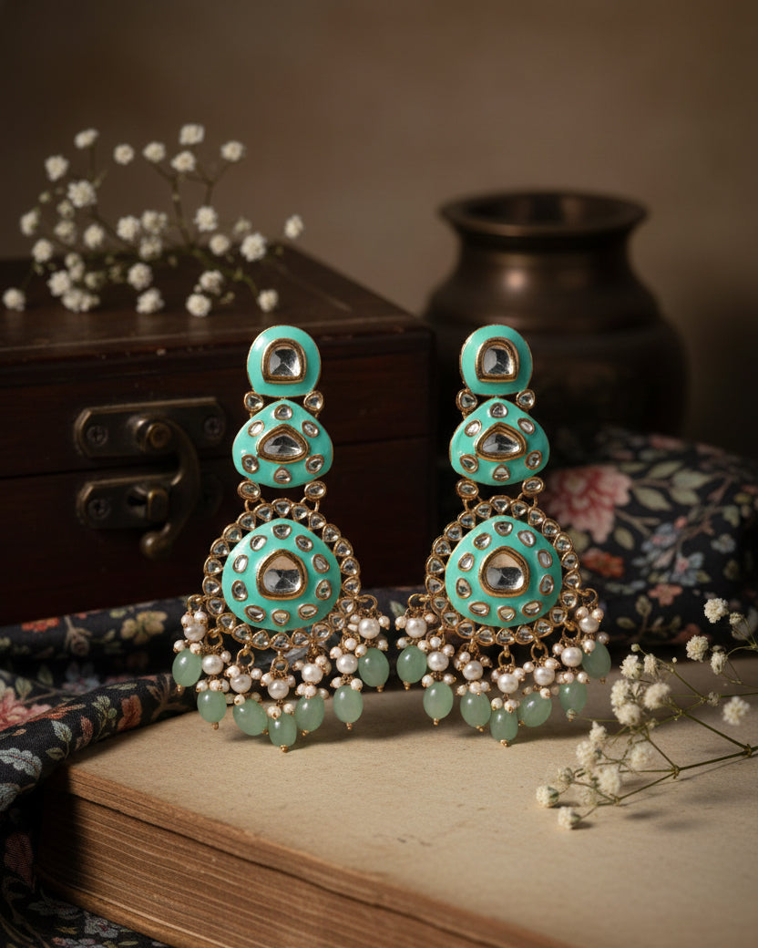 Mint Green Ehit Meenakari Chandbali
