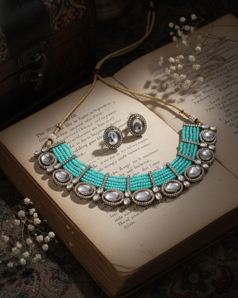 Turquoise Imara Zircone Polki Dupe Jewellery Set