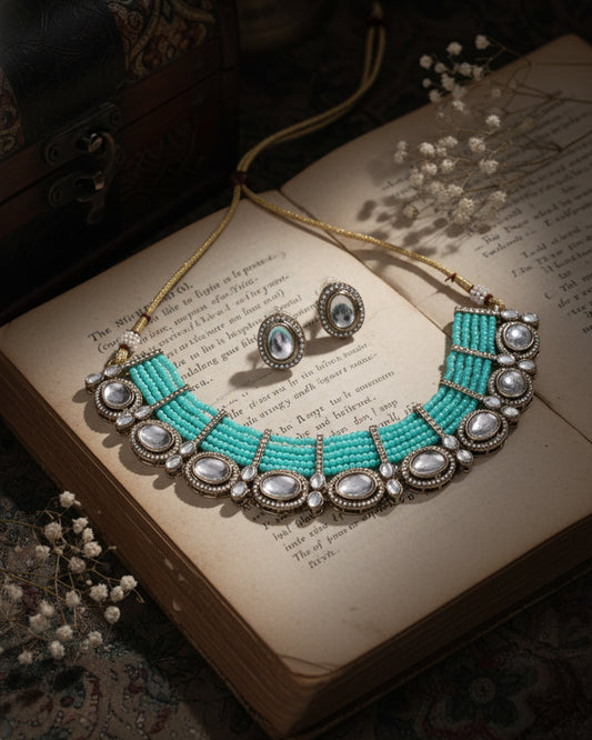 Turquoise Imara Zircone Polki Dupe Jewellery Set