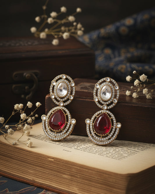 Red Nirav Earring - Zircone Polki Dupe