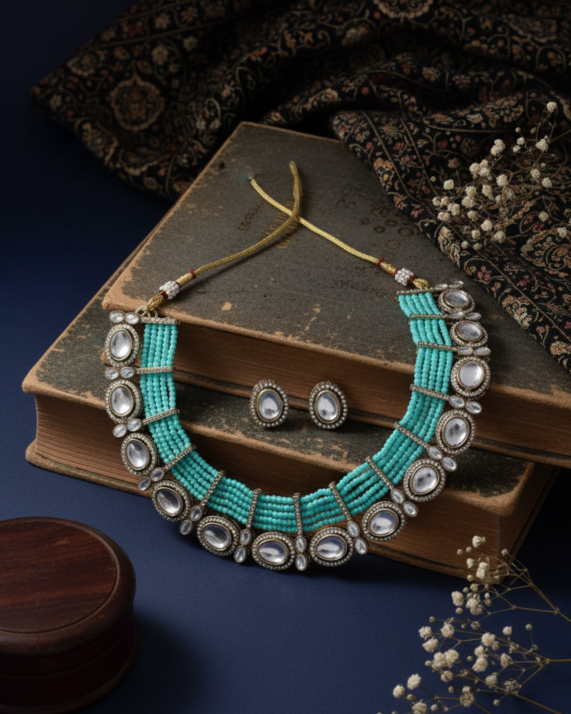 Turquoise Imara Zircone Polki Dupe Jewellery Set