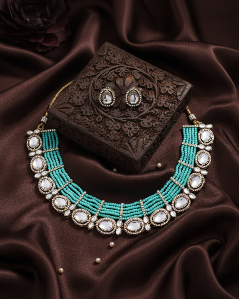 Turquoise Imara Zircone Polki Dupe Jewellery Set