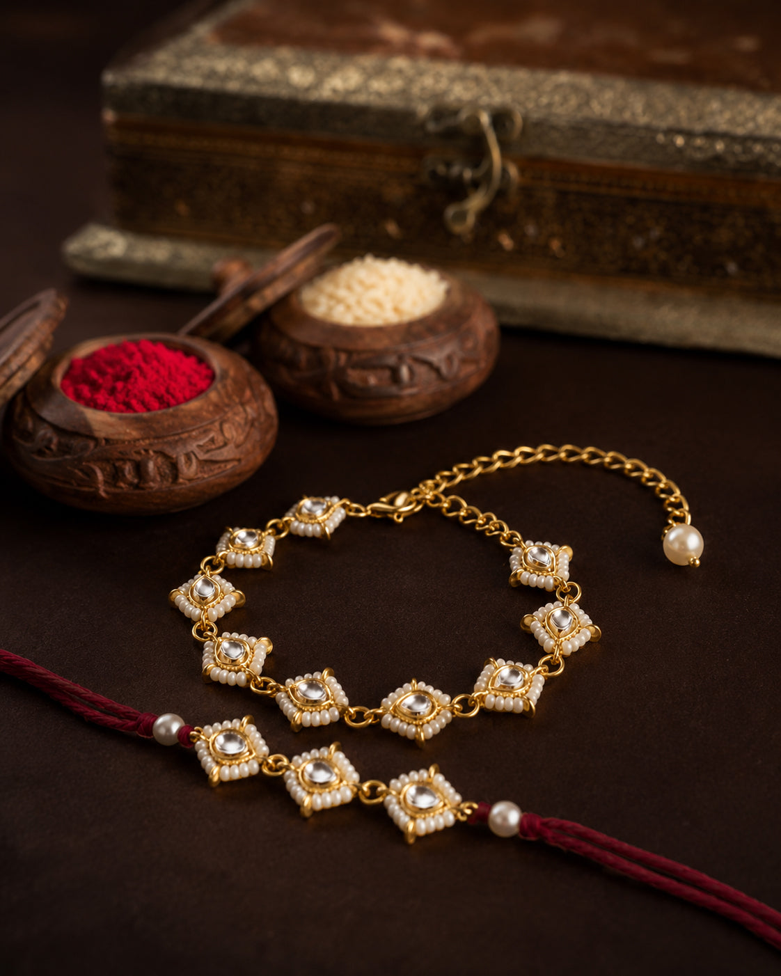 Red Vayra Rakhi & Bracelet Set | Tilak Set Included