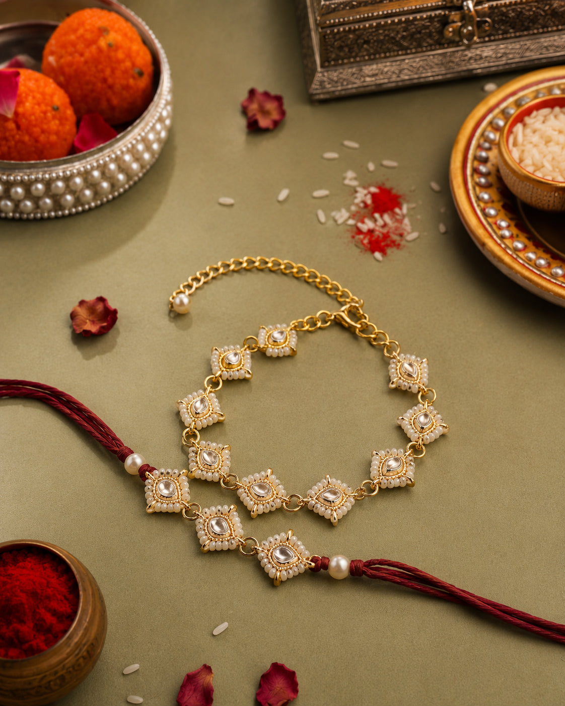 Red Vayra Rakhi & Bracelet Set | Tilak Set Included
