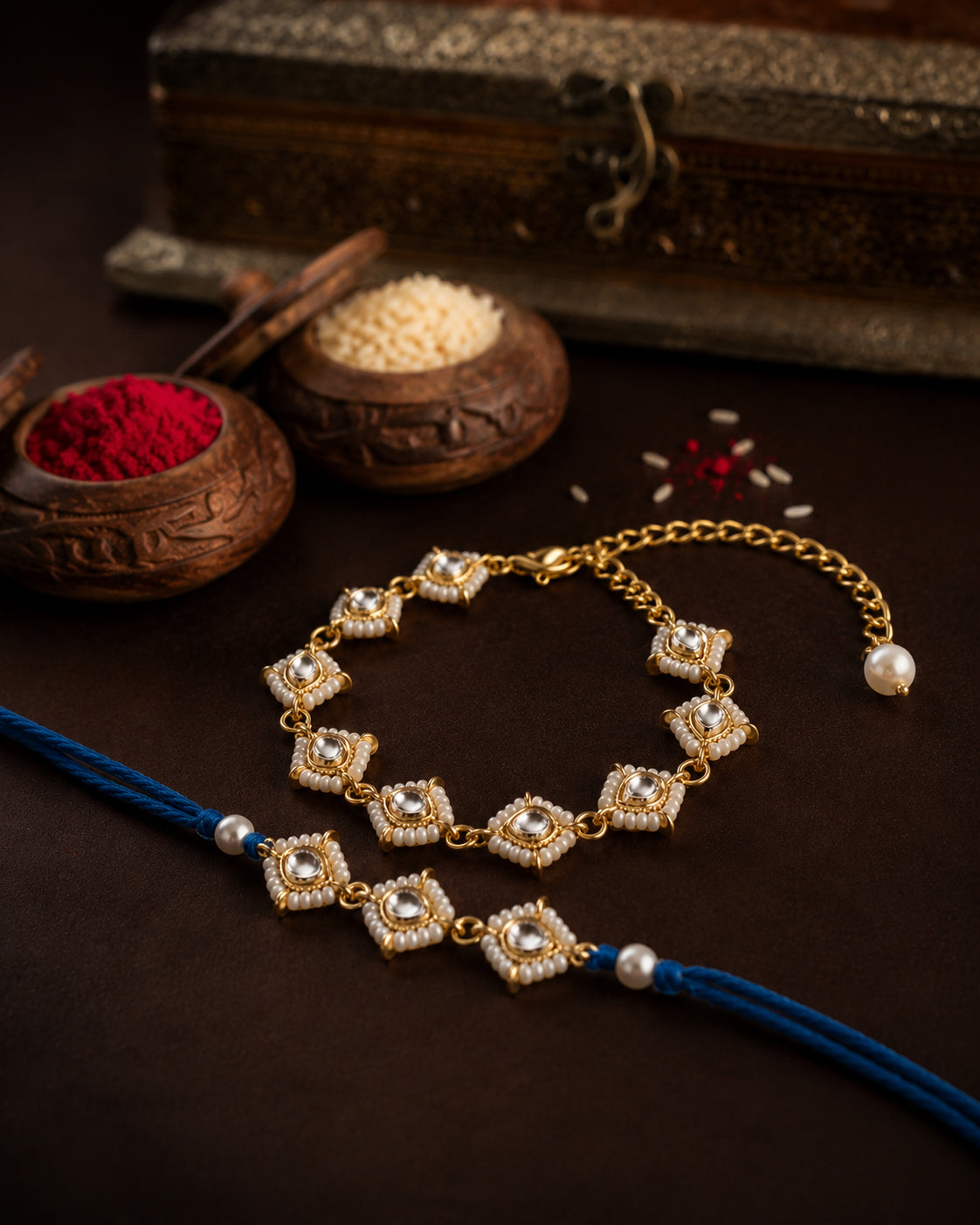Blue Vayra Rakhi & Bracelet Set | Tilak Set Included