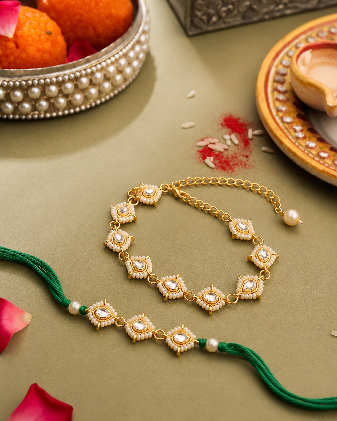 Green Vayra Rakhi & Bracelet Set | Tilak Set Included