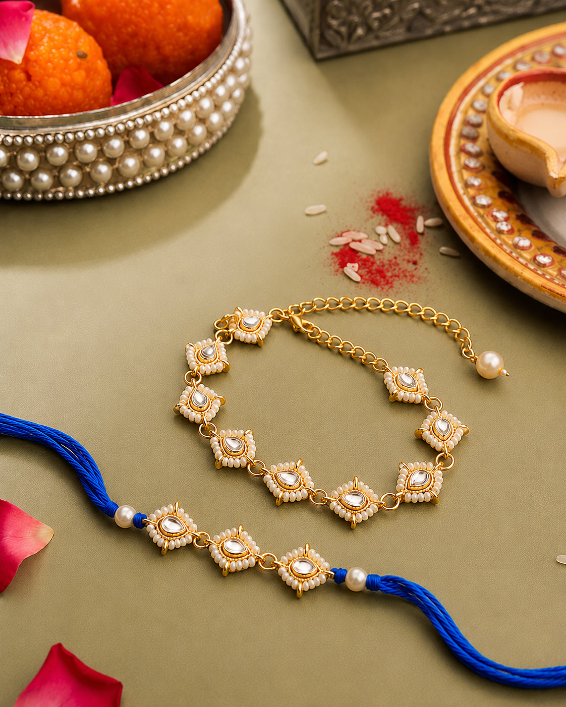 Blue Vayra Rakhi & Bracelet Set | Tilak Set Included