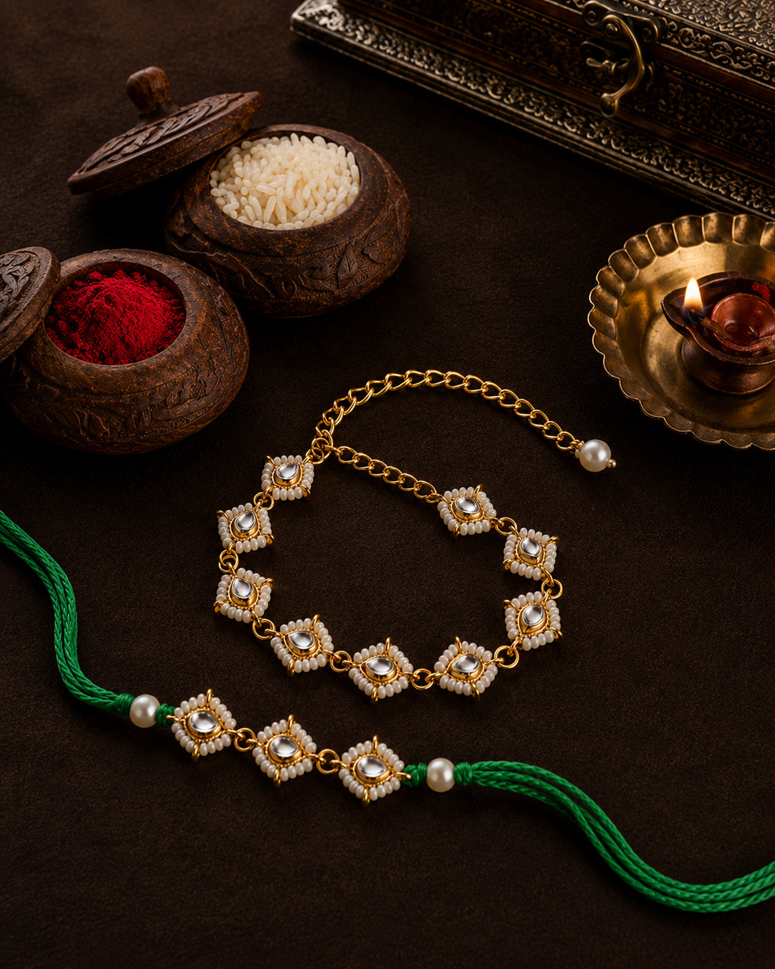 Green Vayra Rakhi & Bracelet Set | Tilak Set Included