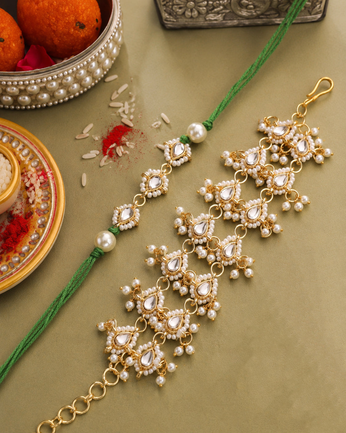 Green Shaurya Rakhi and Bracelet with Tilak Set and Card