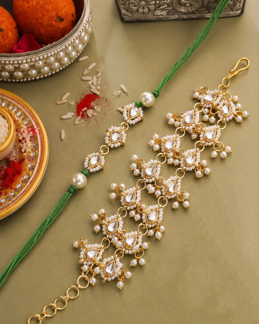 Green Shaurya Rakhi and Bracelet with Tilak Set and Card