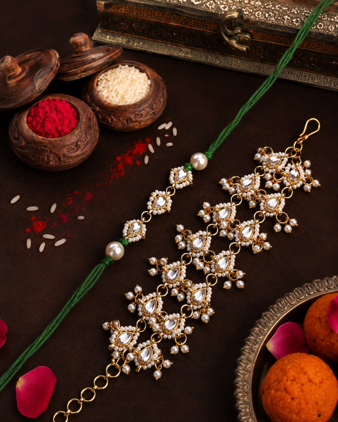 Green Shaurya Rakhi and Bracelet with Tilak Set and Card