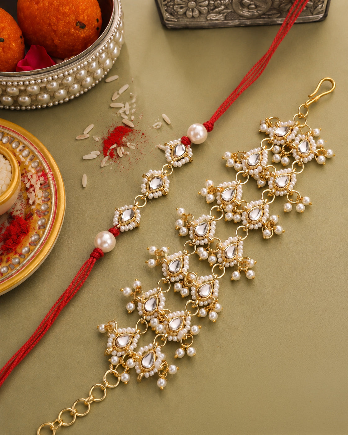 Red Shaurya Rakhi and Bracelet with Tilak Set and Card