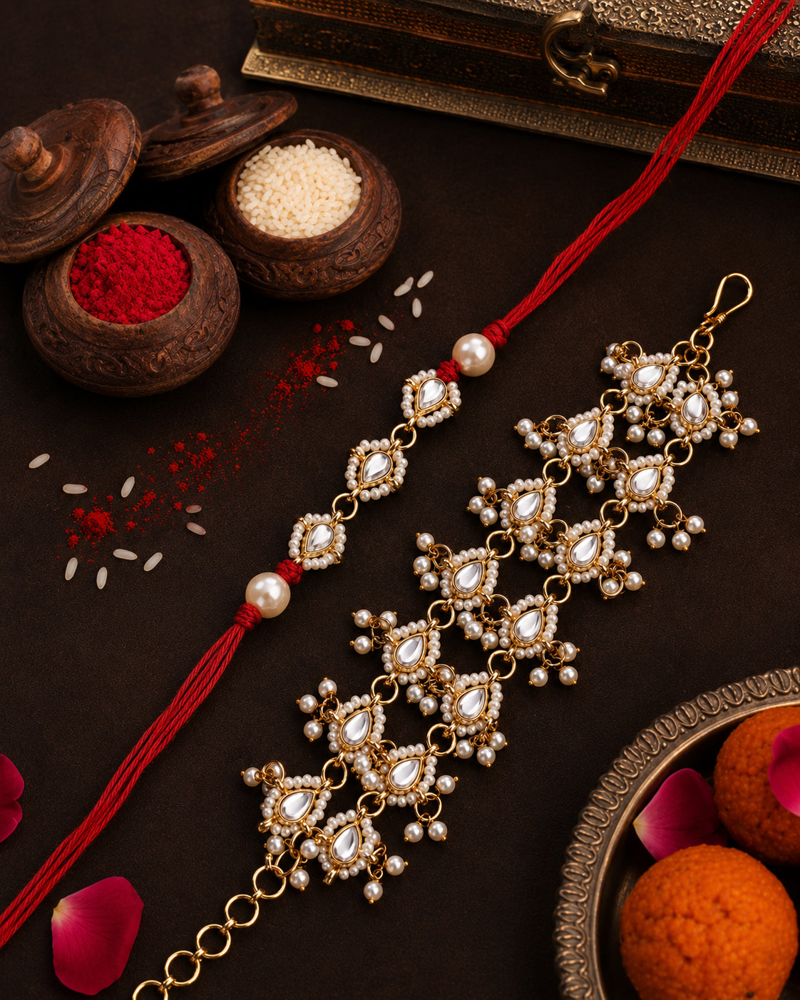 Red Shaurya Rakhi and Bracelet with Tilak Set and Card