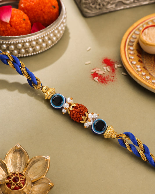Raksha Rudraksh Rakhi with Card | Tilak Set Included