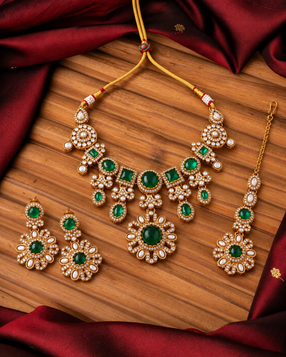 Green Esha Sabya Necklace Set With Earrings & Mang Teeka