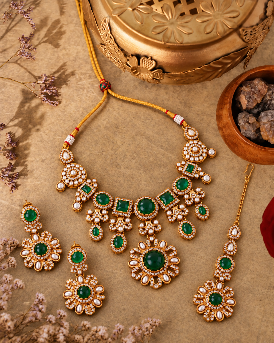 Green Esha Sabya Necklace Set With Earrings & Mang Teeka
