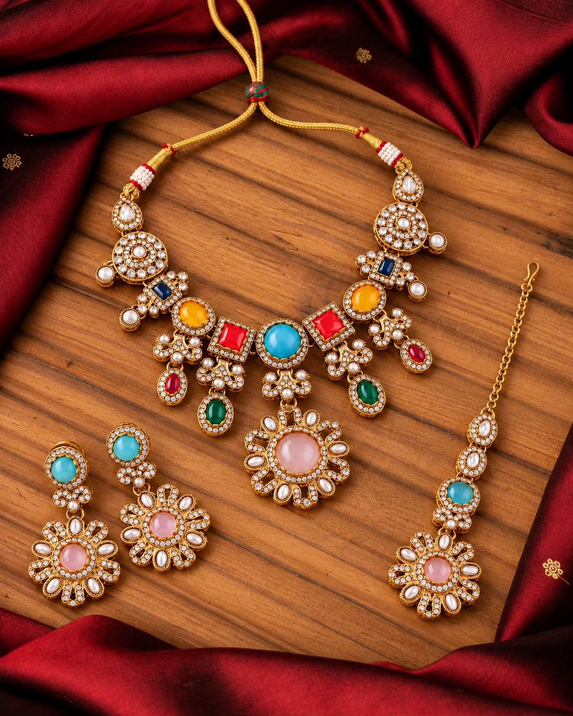 Multi Esha Sabya Necklace Set With Earrings & Mang Teeka