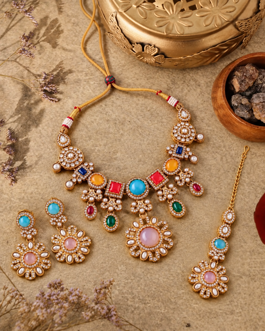 Multi Esha Sabya Necklace Set With Earrings & Mang Teeka
