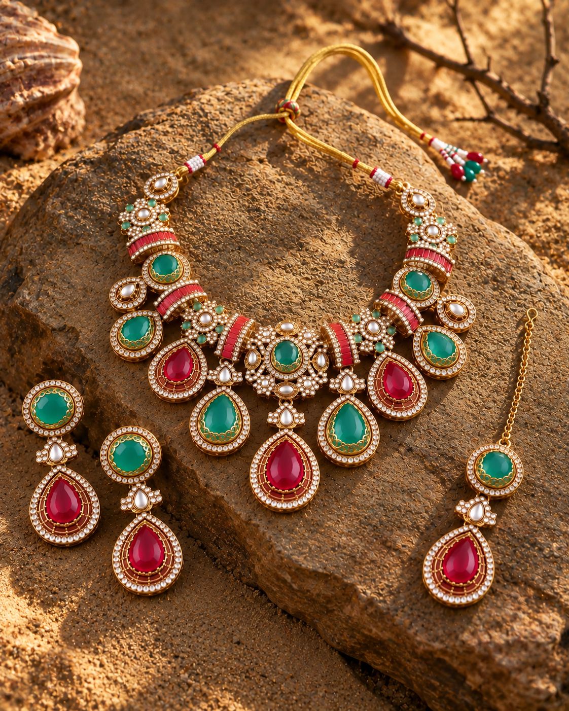 Ruby Mint Aashi Premium Sabya Inspired Necklace Set with Earring & Teeka