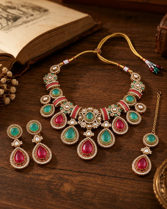 Ruby Mint Aashi Premium Sabya Inspired Necklace Set with Earring & Teeka
