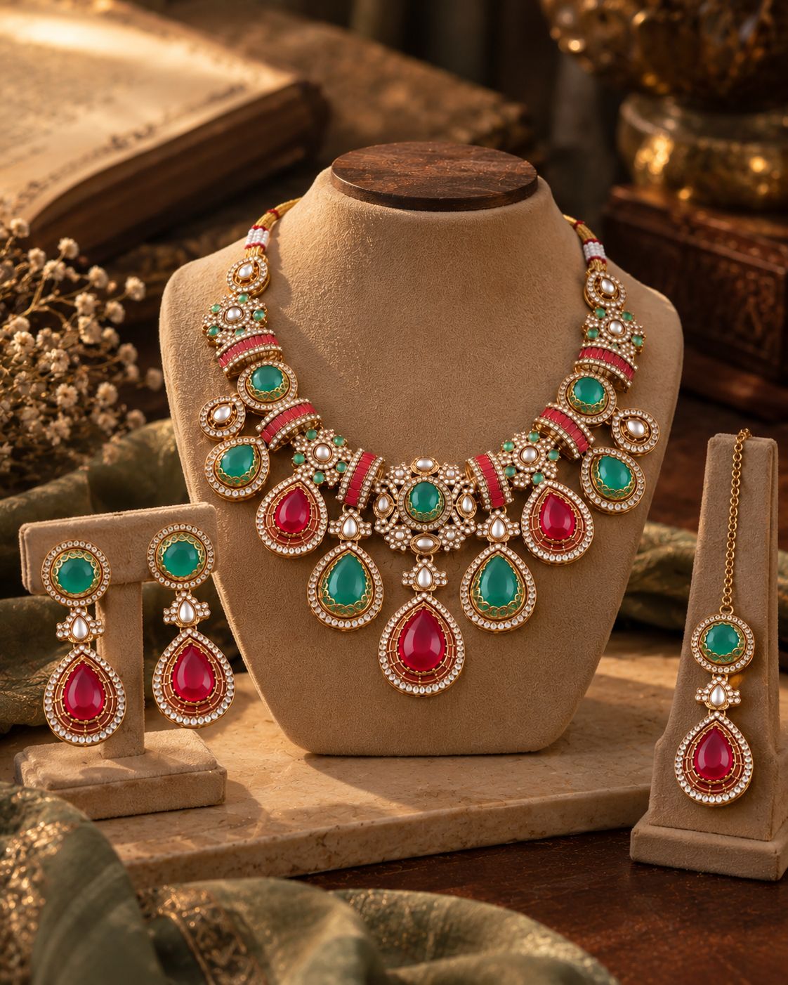 Ruby Mint Aashi Premium Sabya Inspired Necklace Set with Earring & Teeka