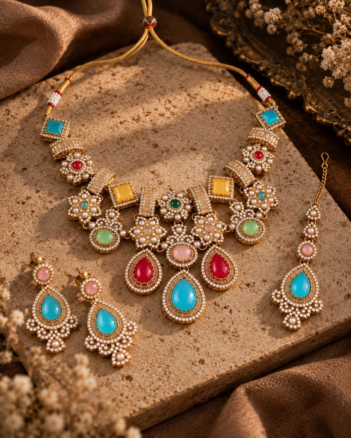 Multi Veera Premium Sabya Inspired Necklace Set with Earring & Teeka