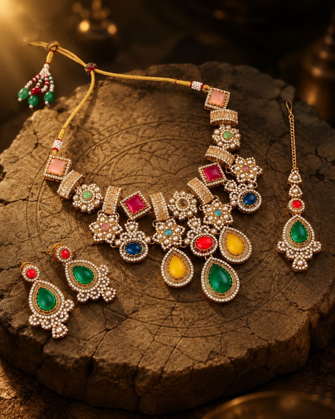Multi Veera Premium Sabya Inspired Necklace Set with Earring & Teeka