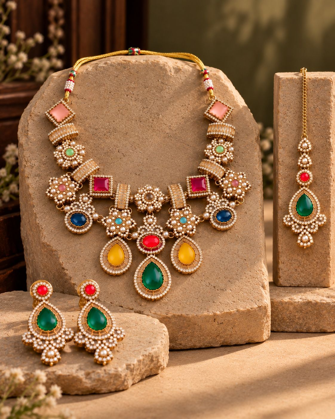 Multi Veera Premium Sabya Inspired Necklace Set with Earring & Teeka