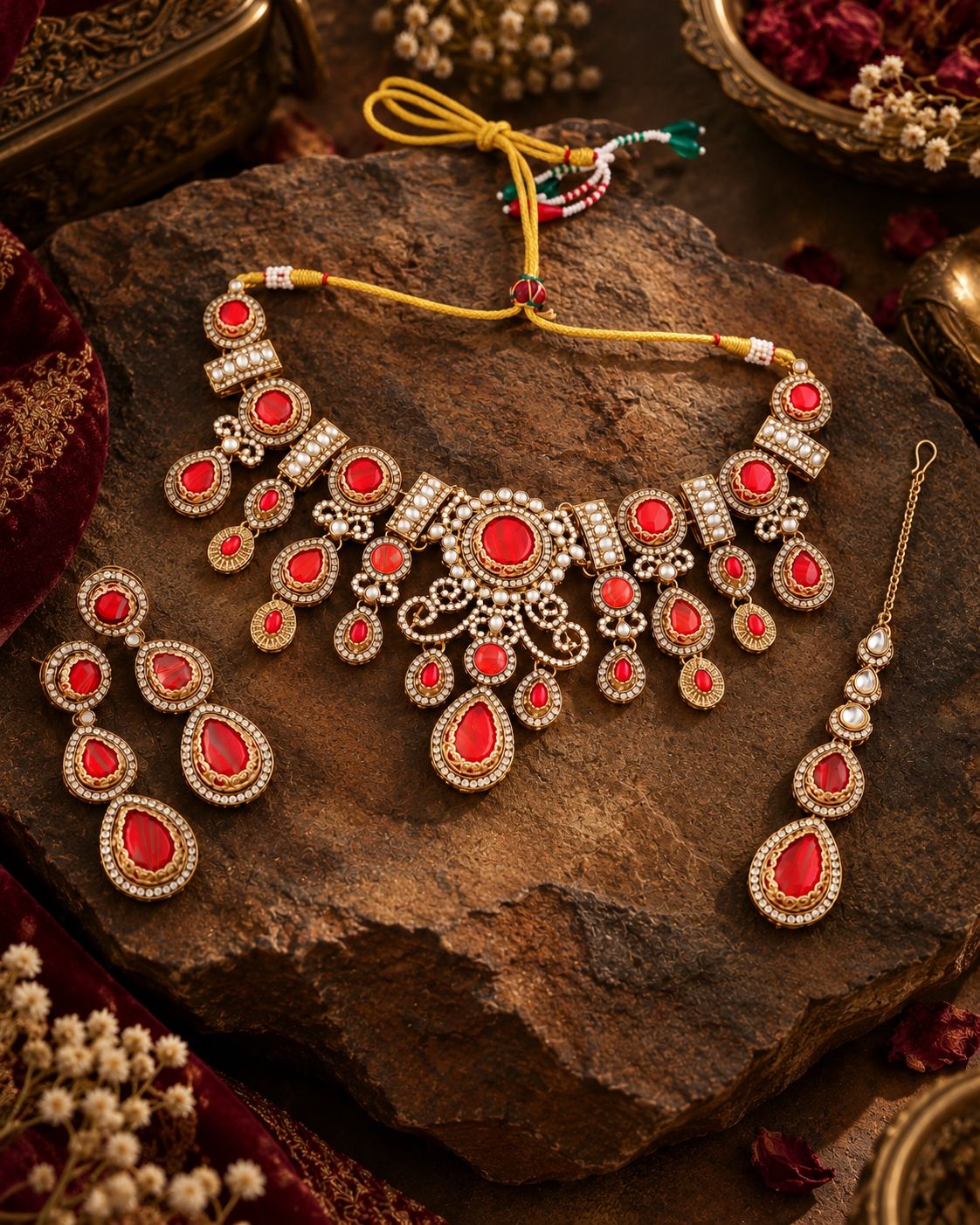 Red Yamini Premium Sabya Inspired Necklace Set with Earring & Teeka