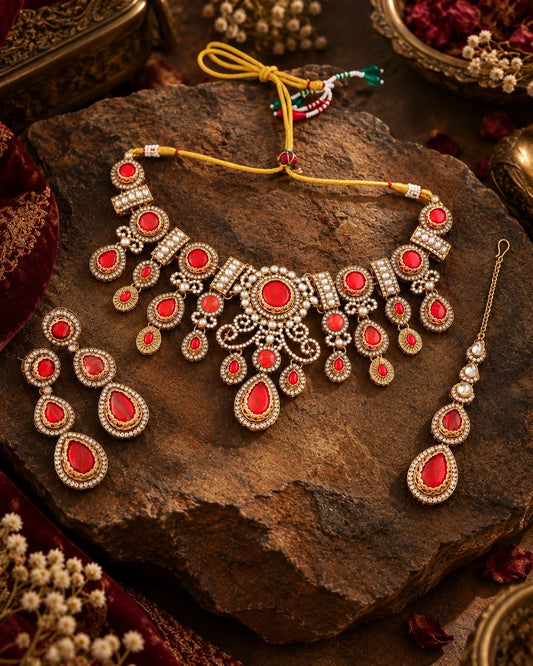 Red Yamini Premium Sabya Inspired Necklace Set with Earring & Teeka