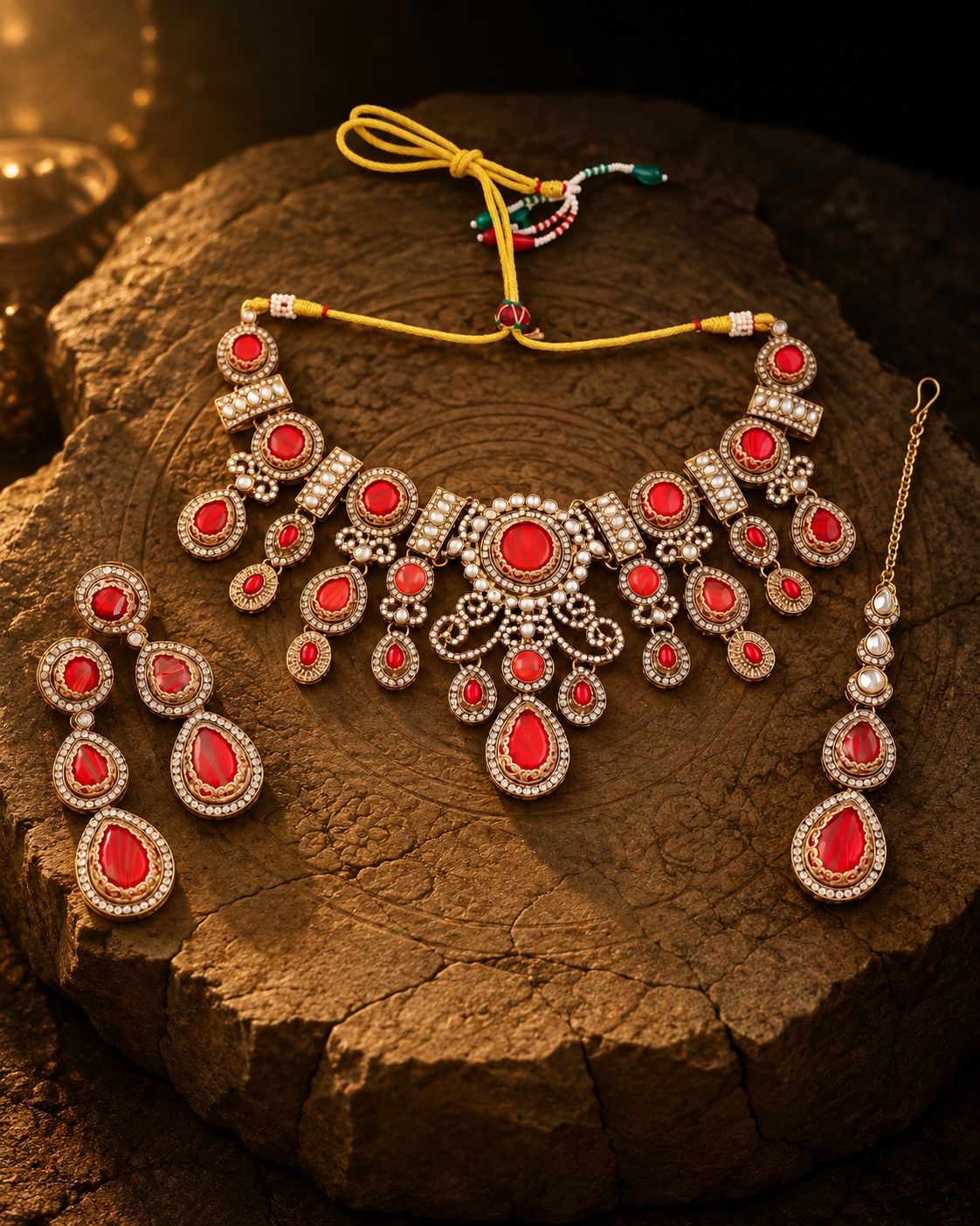 Red Yamini Premium Sabya Inspired Necklace Set with Earring & Teeka