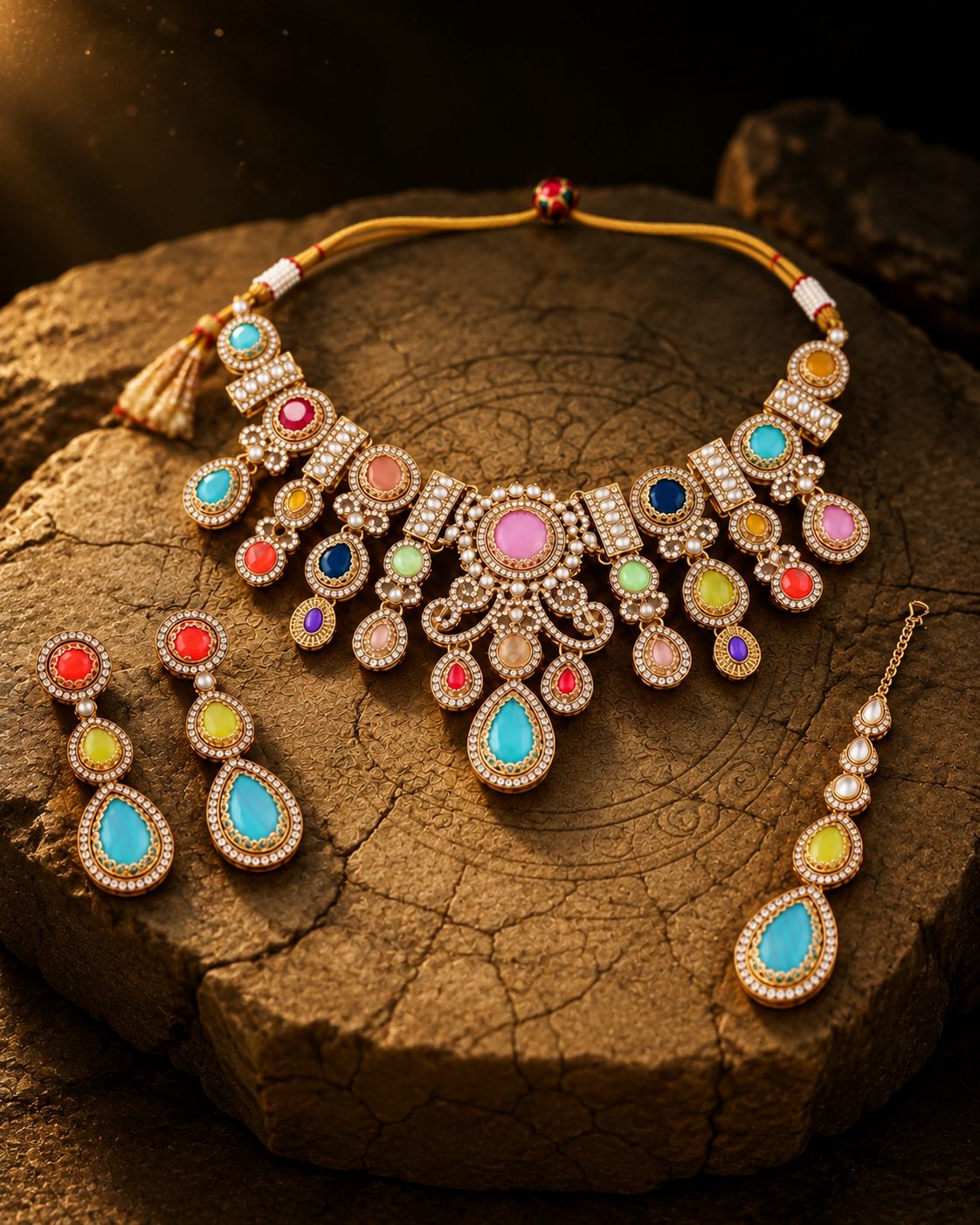 Multi Yamini Premium Sabya Inspired Necklace Set with Earring & Teeka