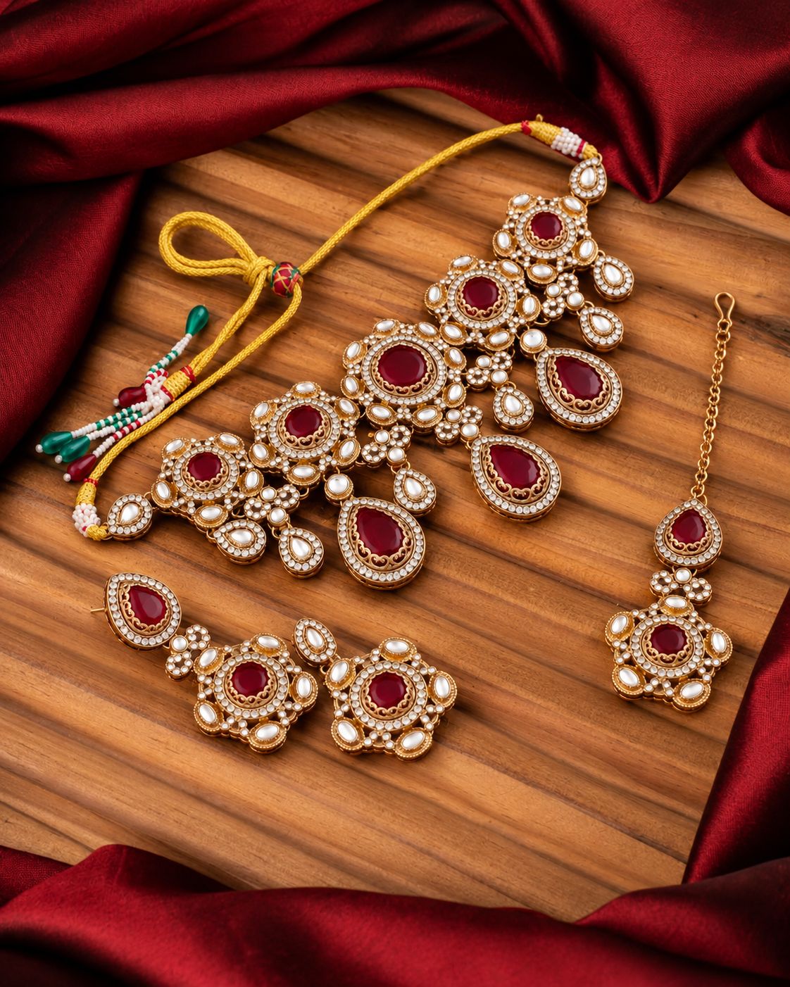 Ruby Shikha Premium Sabya Inspired Necklace Set with Earring & Teeka