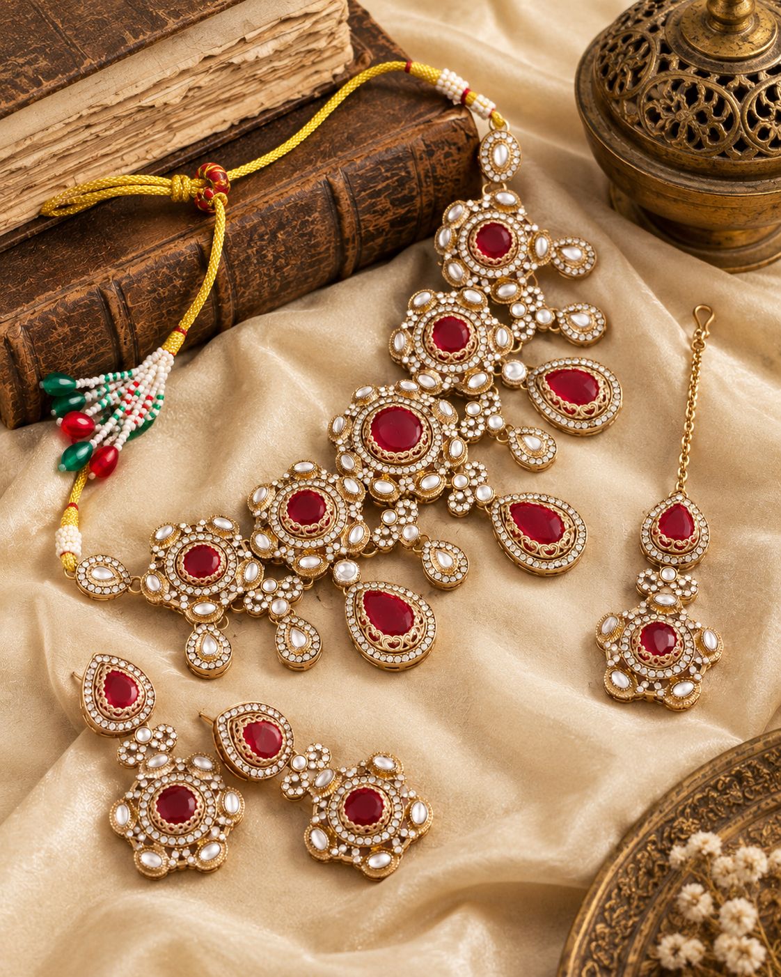 Onion Shikha Premium Sabya Inspired Necklace Set with Earring & Teeka