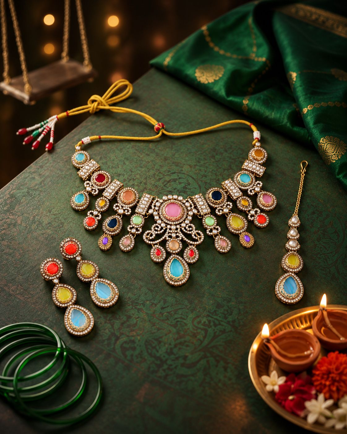 Multi Yamini Premium Sabya Inspired Necklace Set with Earring & Teeka