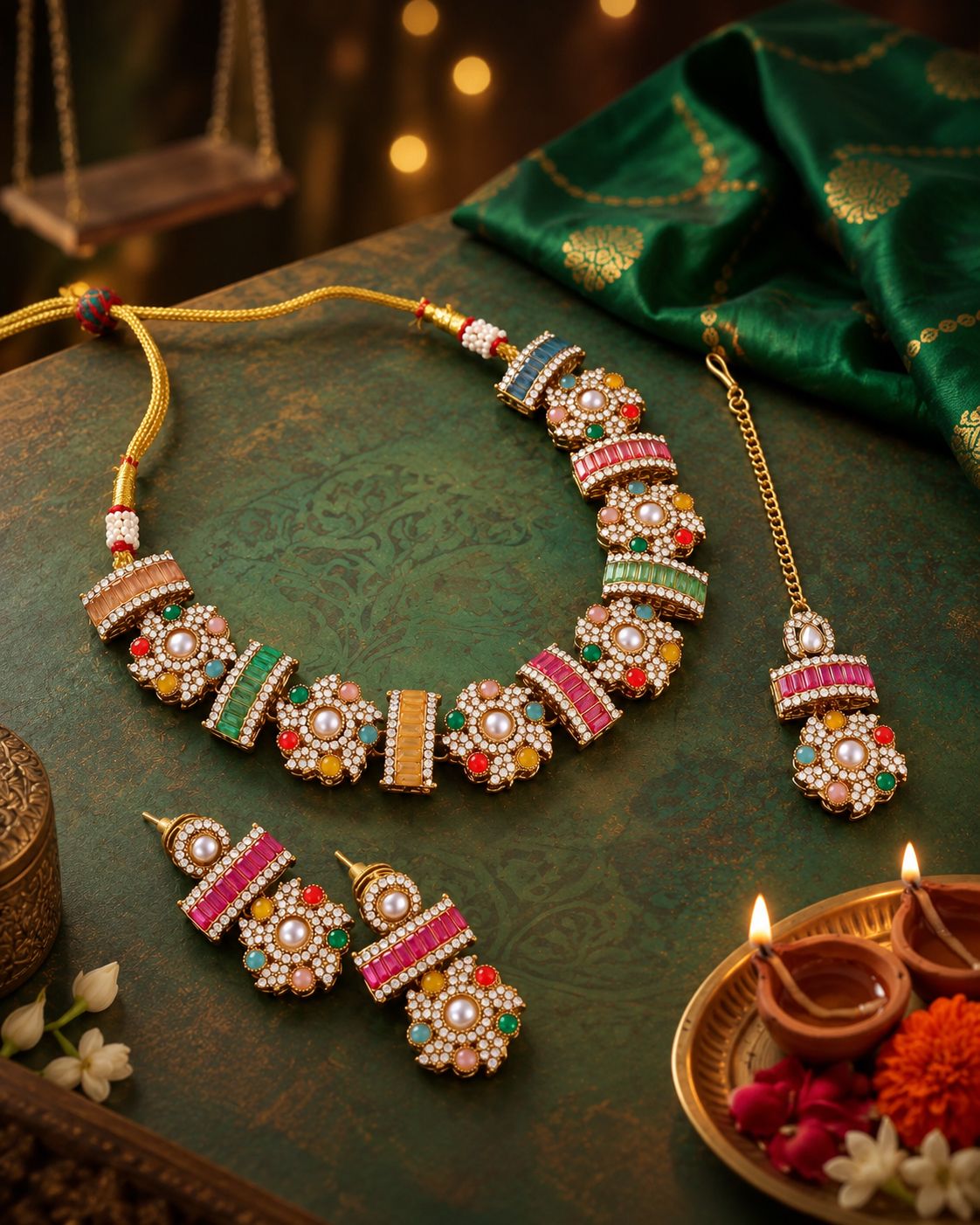 Multi Riyansh Premium Sabya Inspired Necklace Set with Earring & Teeka