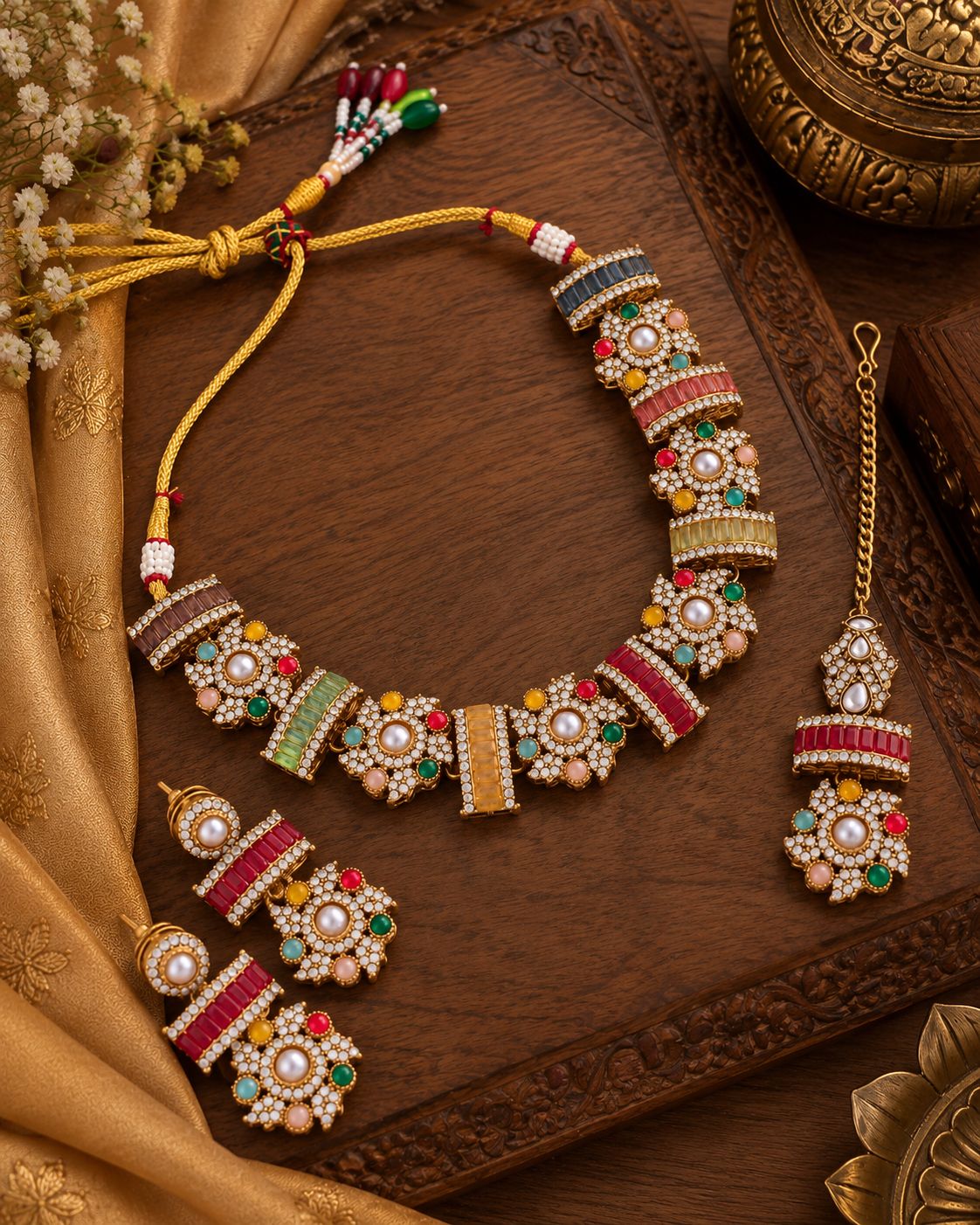 Multi Riyansh Premium Sabya Inspired Necklace Set with Earring & Teeka