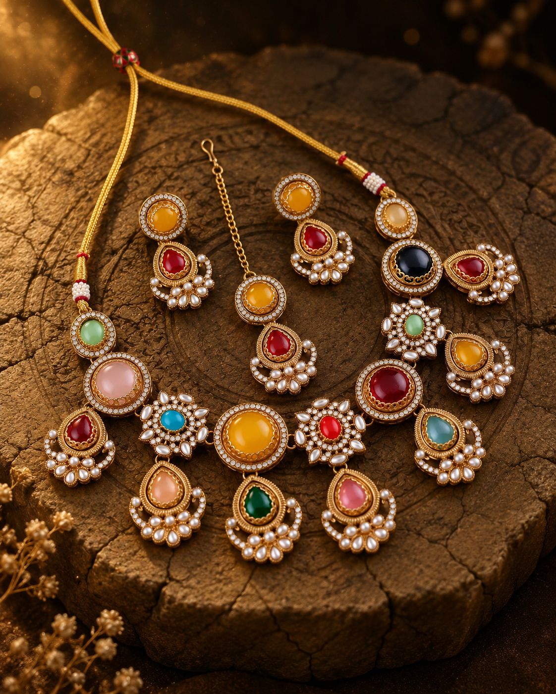 Multi Krisha Premium Sabya Inspired Necklace Set with Earring & Teeka