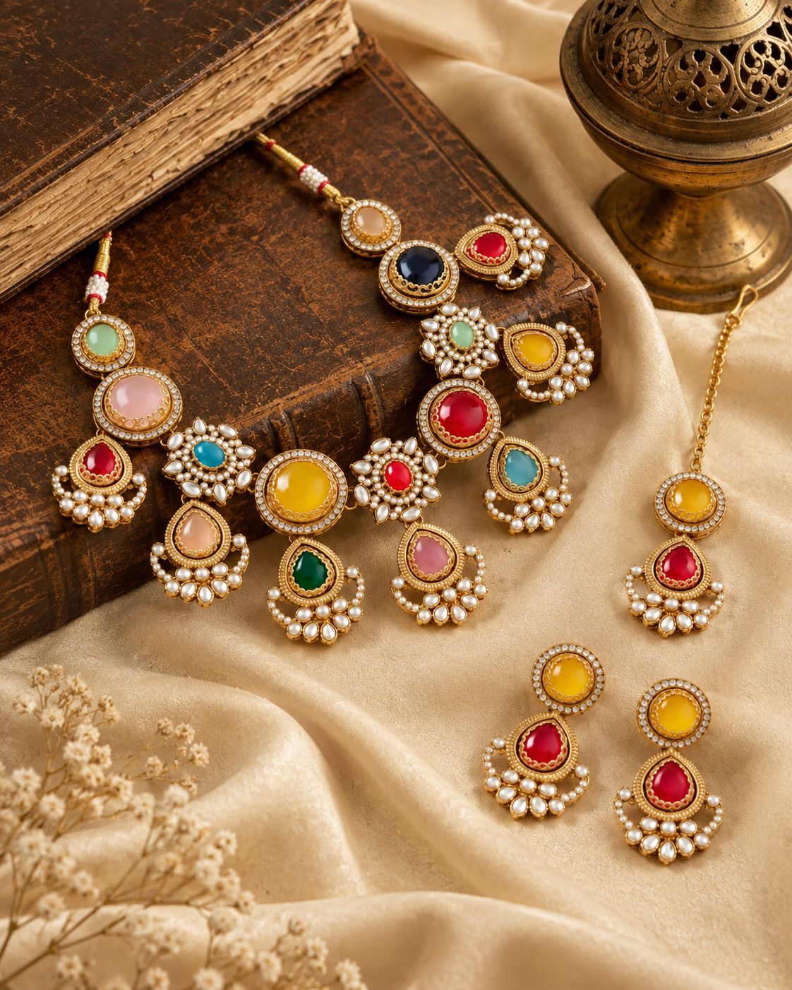 Multi Krisha Premium Sabya Inspired Necklace Set with Earring & Teeka