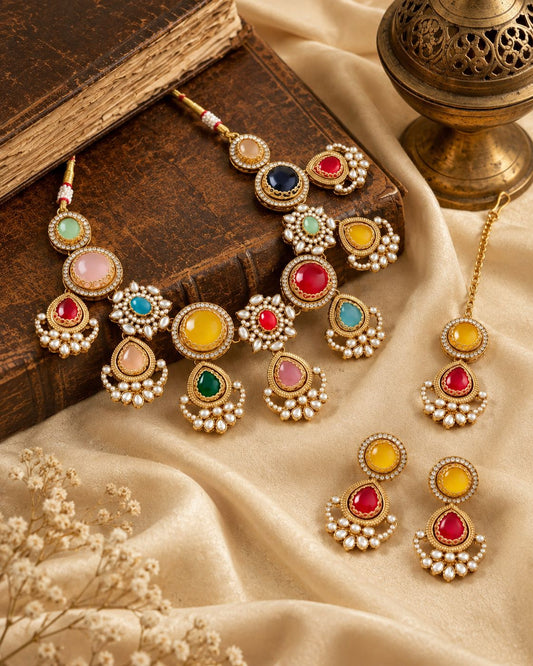 Multi Krisha Premium Sabya Inspired Necklace Set with Earring & Teeka