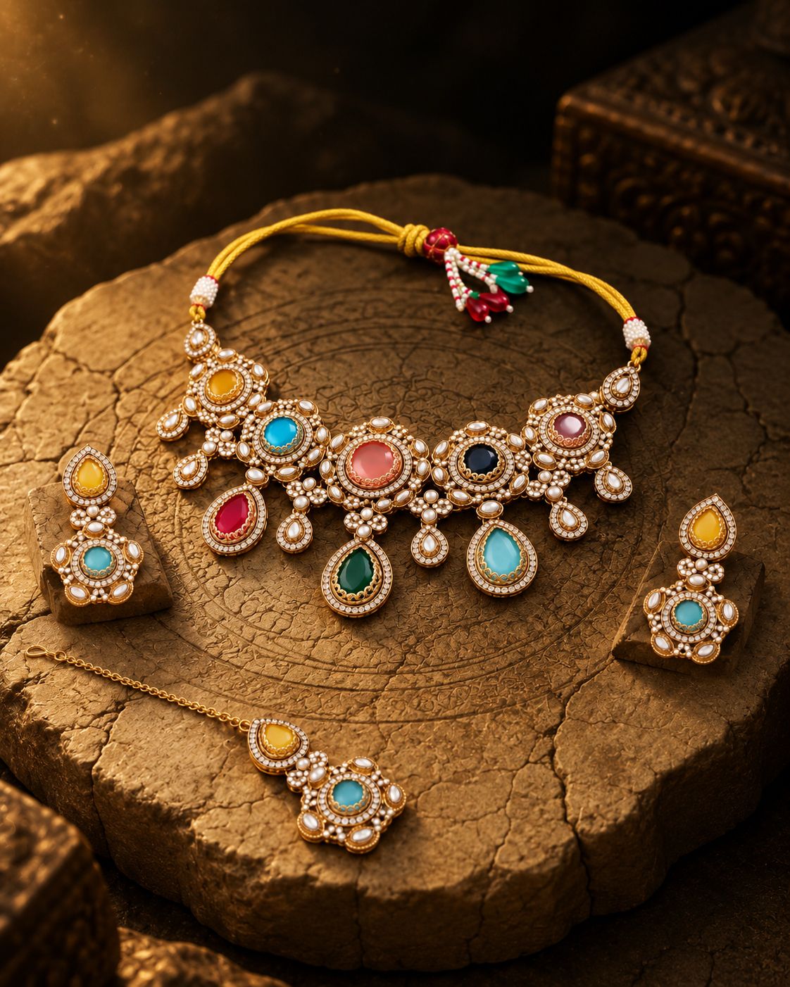 Multi Shikha Premium Sabya Inspired Necklace Set with Earring & Teeka