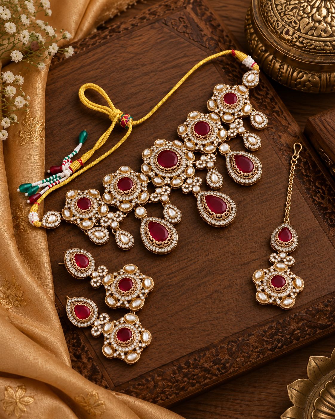 Ruby Shikha Premium Sabya Inspired Necklace Set with Earring & Teeka