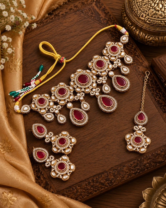 Ruby Shikha Premium Sabya Inspired Necklace Set with Earring & Teeka