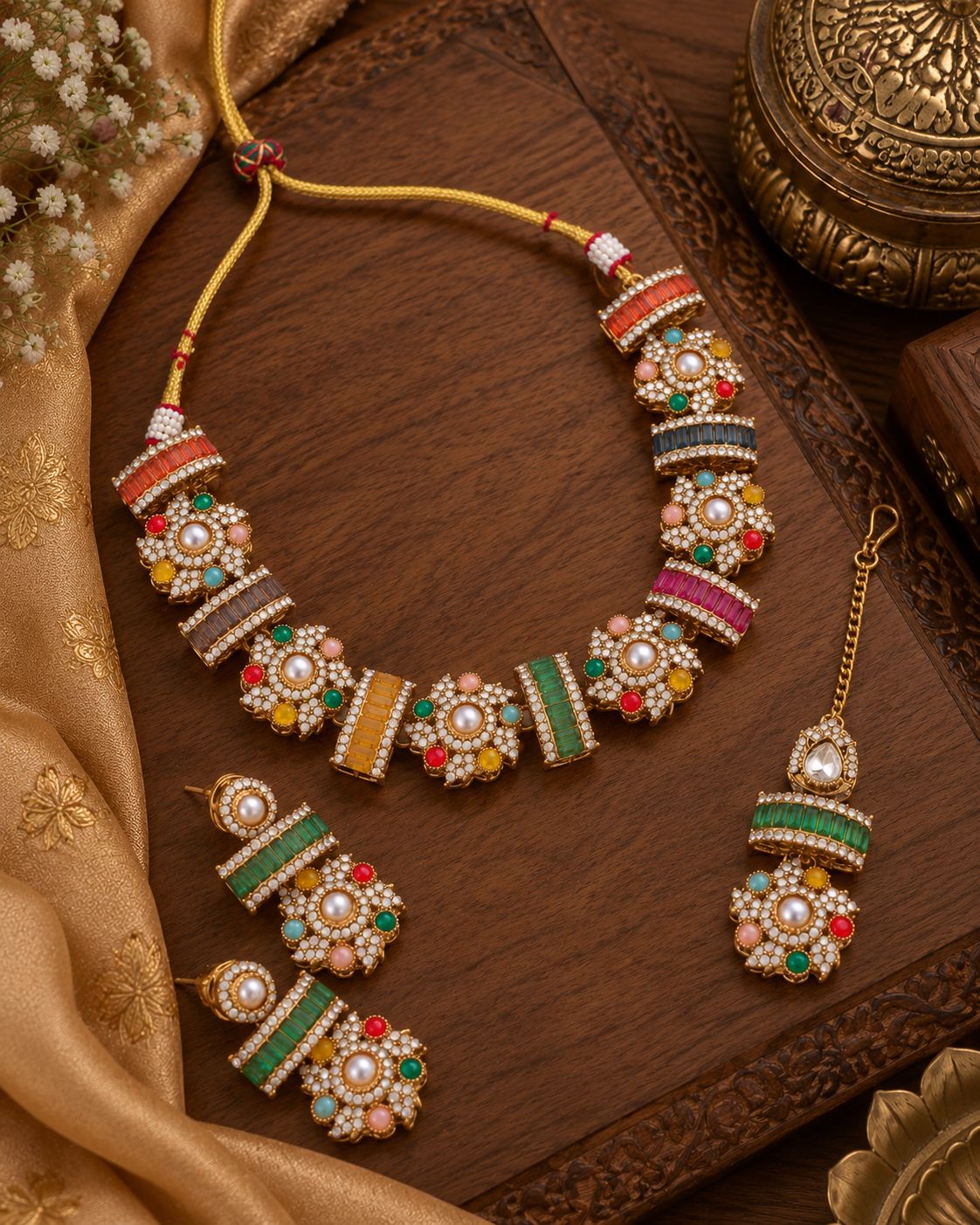 Multi Riyansh Premium Sabya Inspired Necklace Set with Earring & Teeka