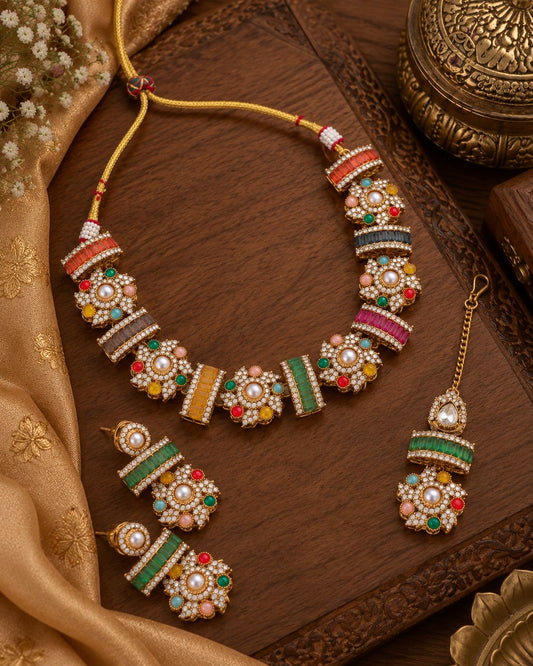 Multi Riyansh Premium Sabya Inspired Necklace Set with Earring & Teeka