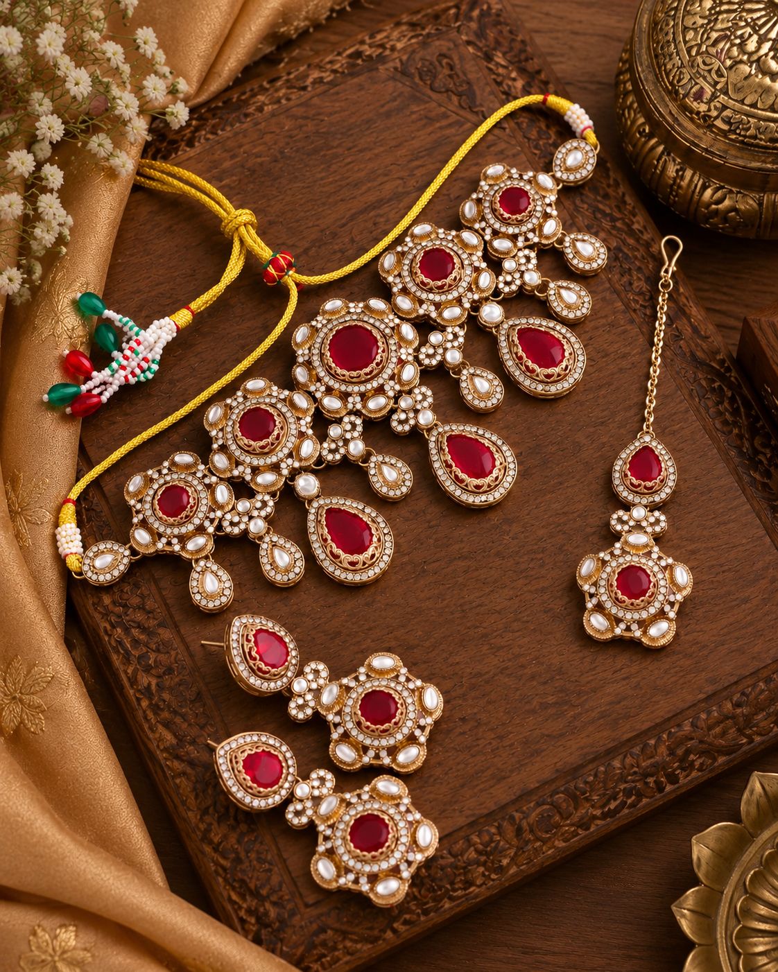Onion Shikha Premium Sabya Inspired Necklace Set with Earring & Teeka