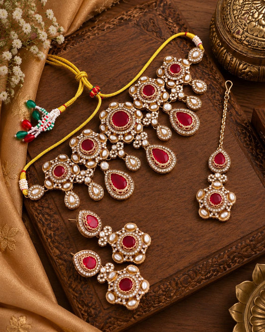 Onion Shikha Premium Sabya Inspired Necklace Set with Earring & Teeka